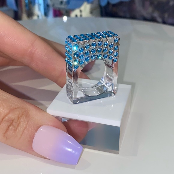 Acrylic Ring • Geometric Ring • Blue Swarovski Crystals • One Of A Kind Ring - Picture 8 of 13